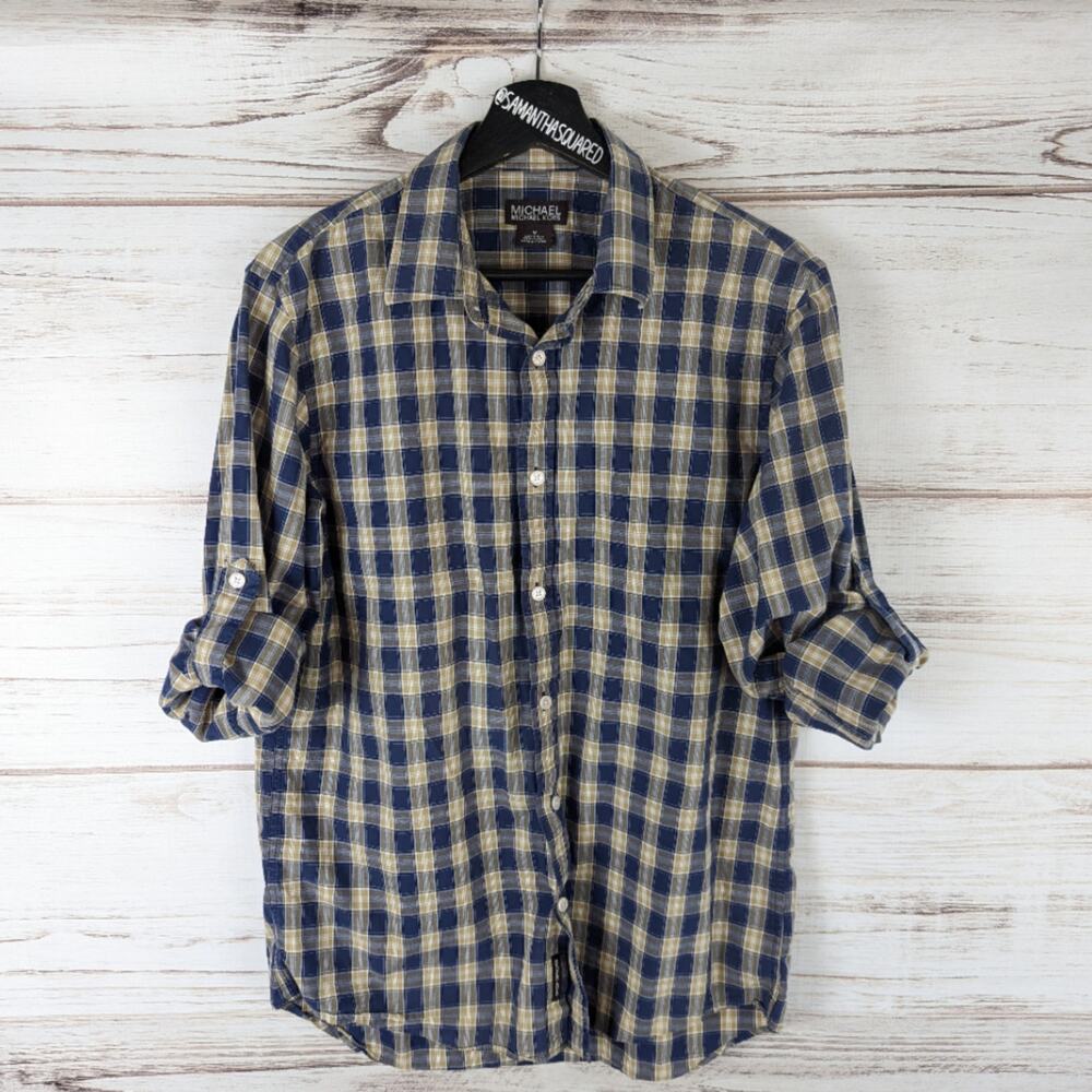 MICHAEL Michael Kors Blue and Tan Plaid Button Down Roll Sleeve Shirt Sz Medium